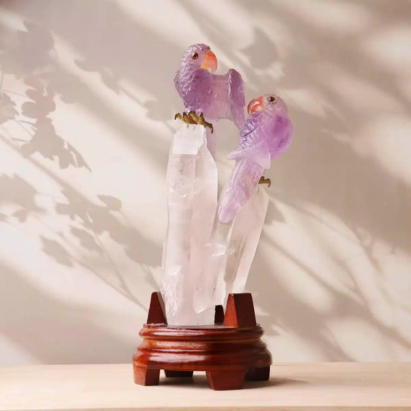 Amethyst Parrots On Clear Quartz
