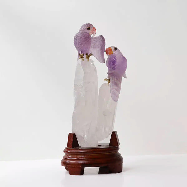 Amethyst Parrots On Clear Quartz