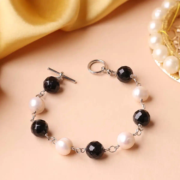 Balck Tourmaline Pearl Chain Bracelet