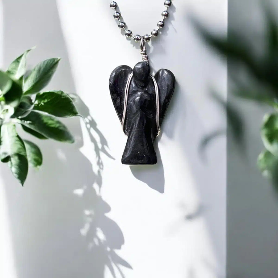 Black Tourmaline Wire-Wrapped Angel Pendant