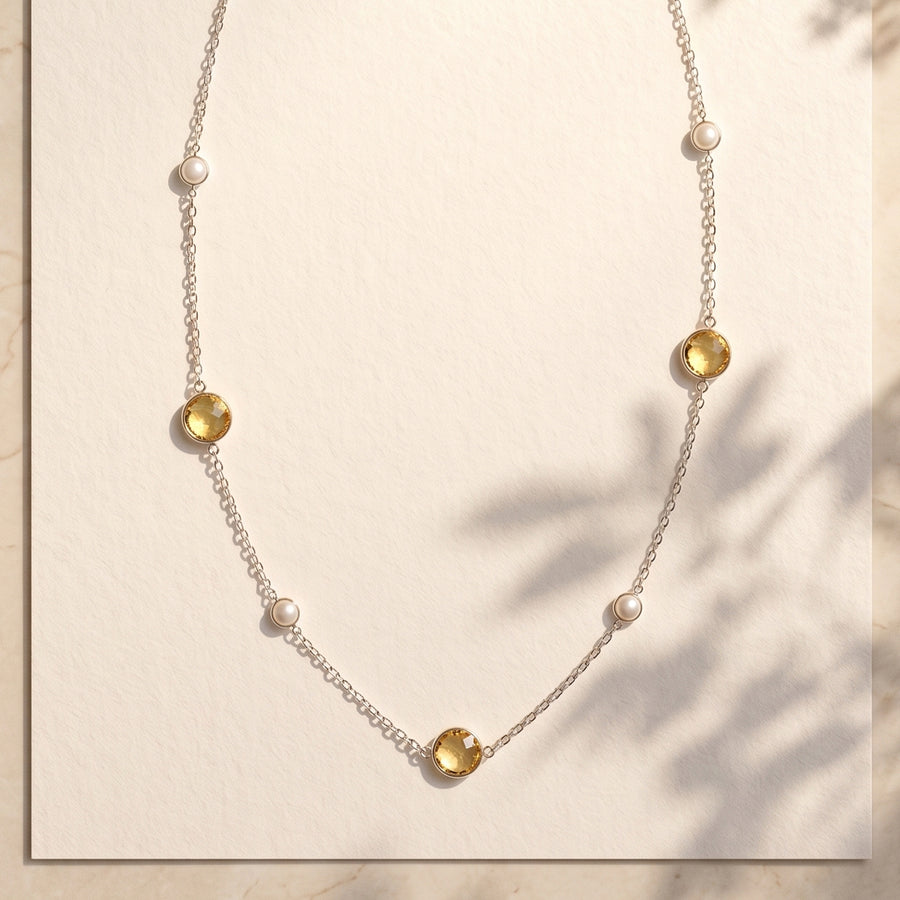 Citrine Coin Faceted Round Beads Necklace Silver