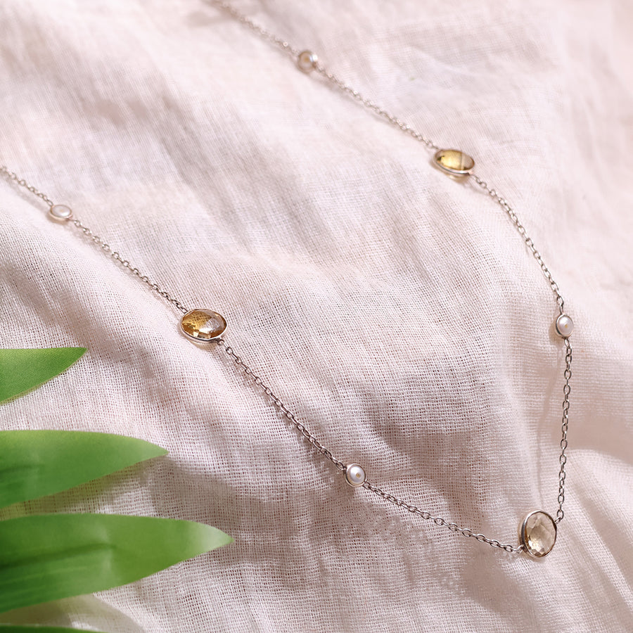 Citrine Coin Faceted Round Beads Necklace Silver