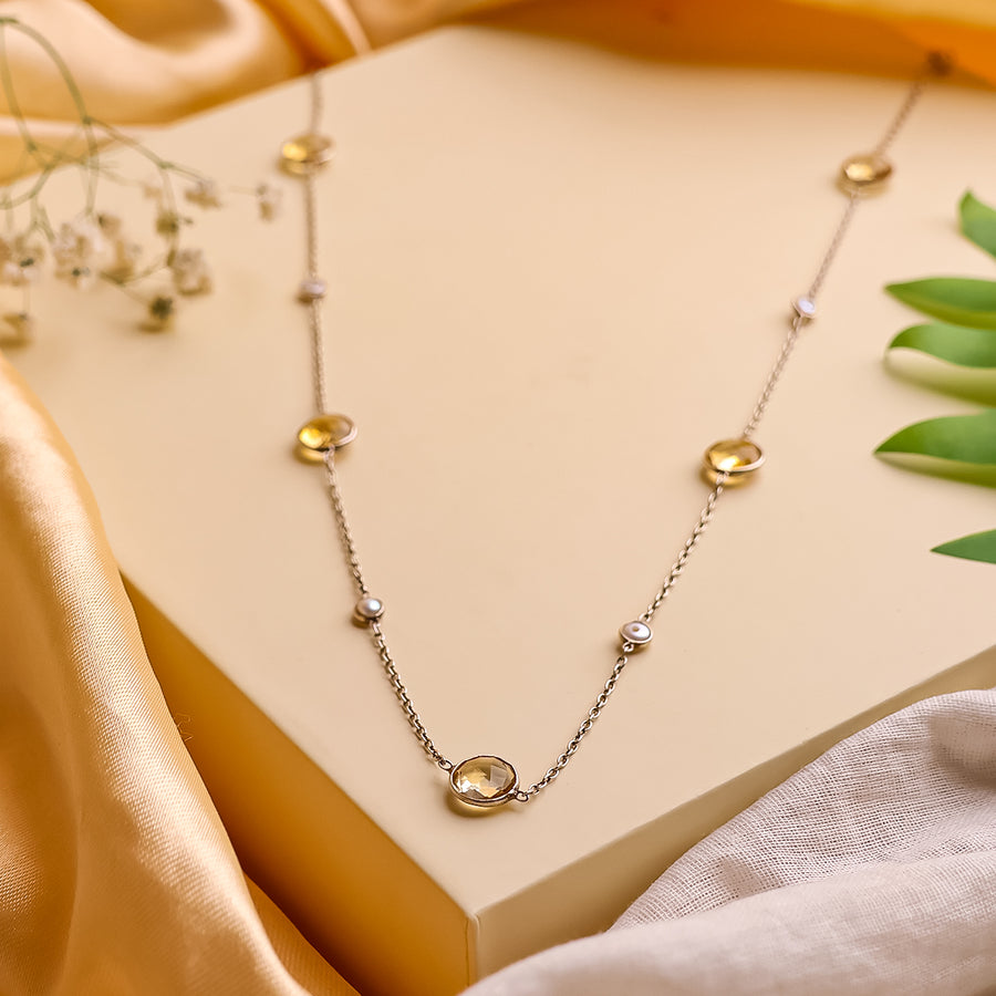Citrine Coin Faceted Round Beads Necklace Silver