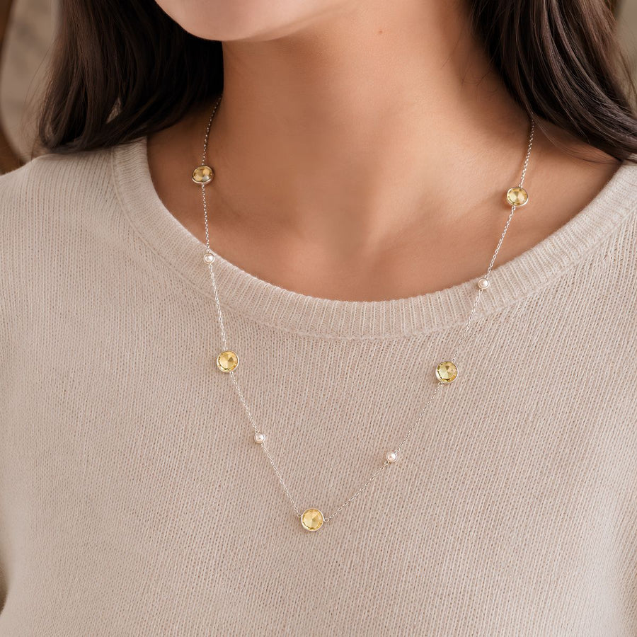 Citrine Coin Faceted Round Beads Necklace Silver
