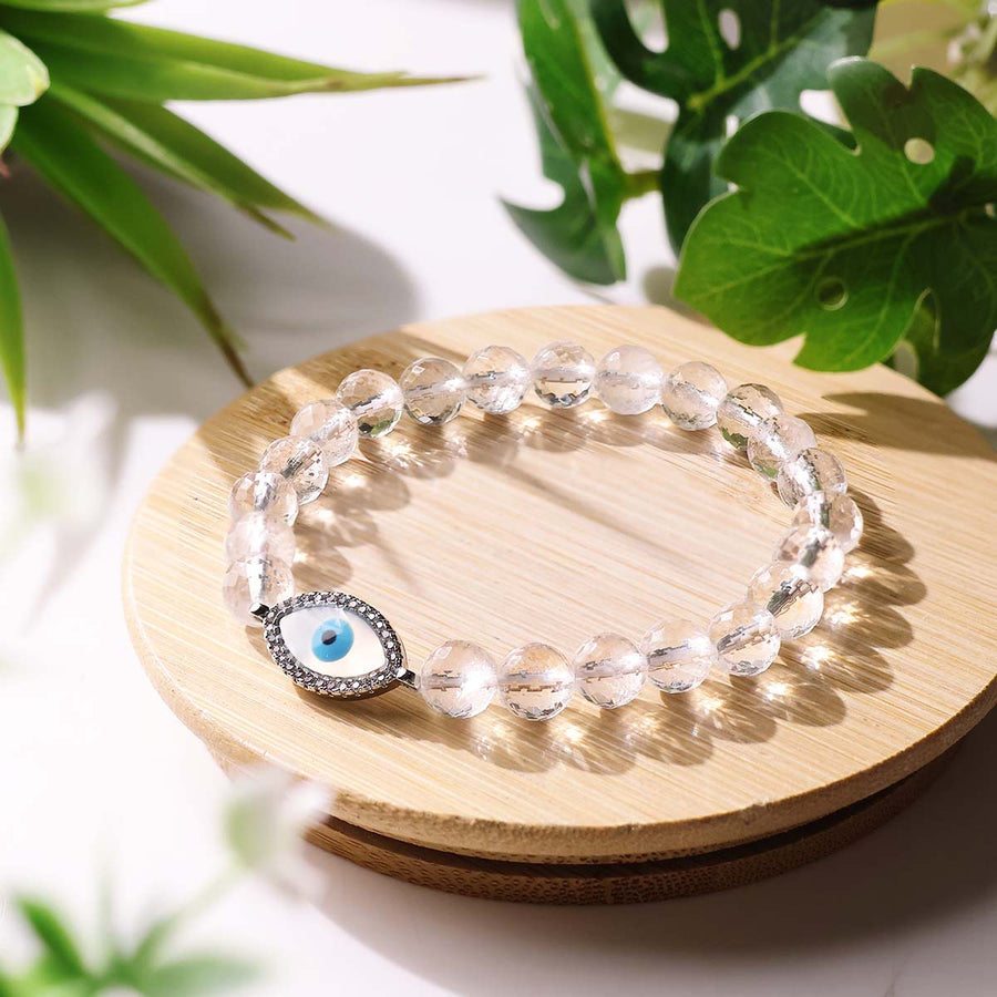 Clear Quartz Faceted Bracelet With Evil Eye Charm