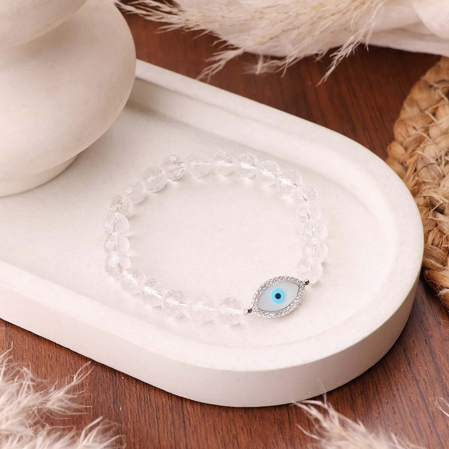 Clear Quartz Faceted Bracelet With Evil Eye Charm