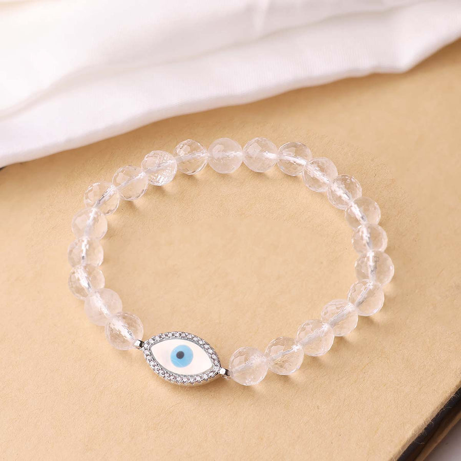 Clear Quartz Faceted Bracelet With Evil Eye Charm