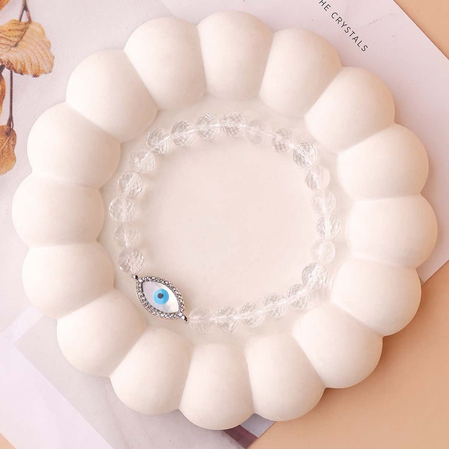 Clear Quartz Faceted Bracelet With Evil Eye Charm