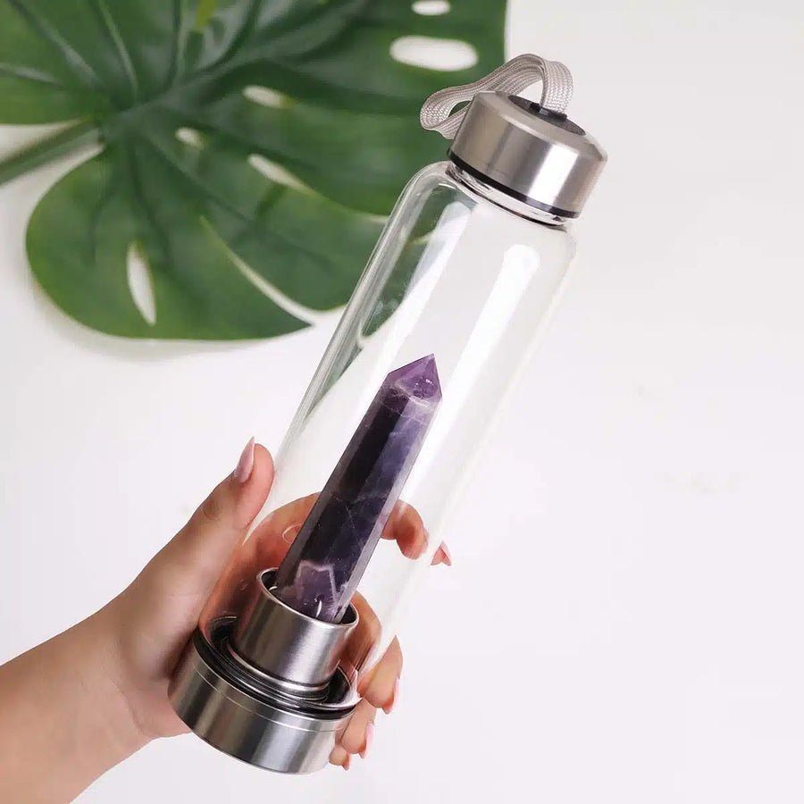 Glass Water Bottle With Amethyst Pencil