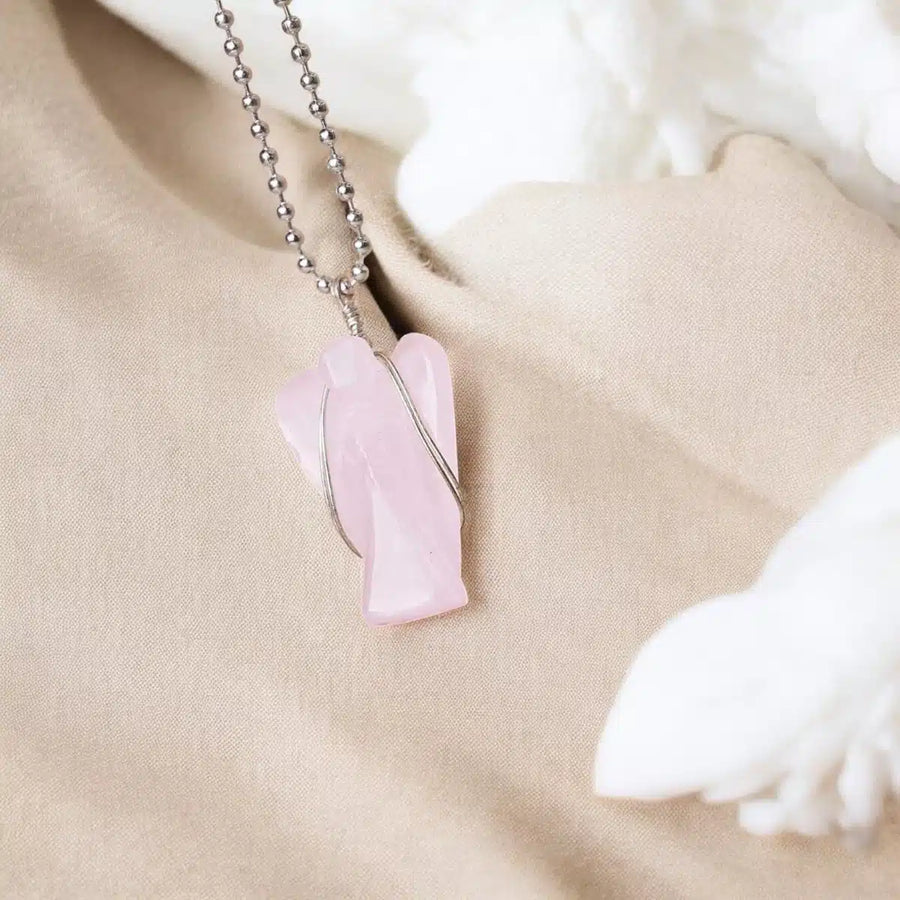 Rose Quartz Wire-Wrapped Angel Pendant