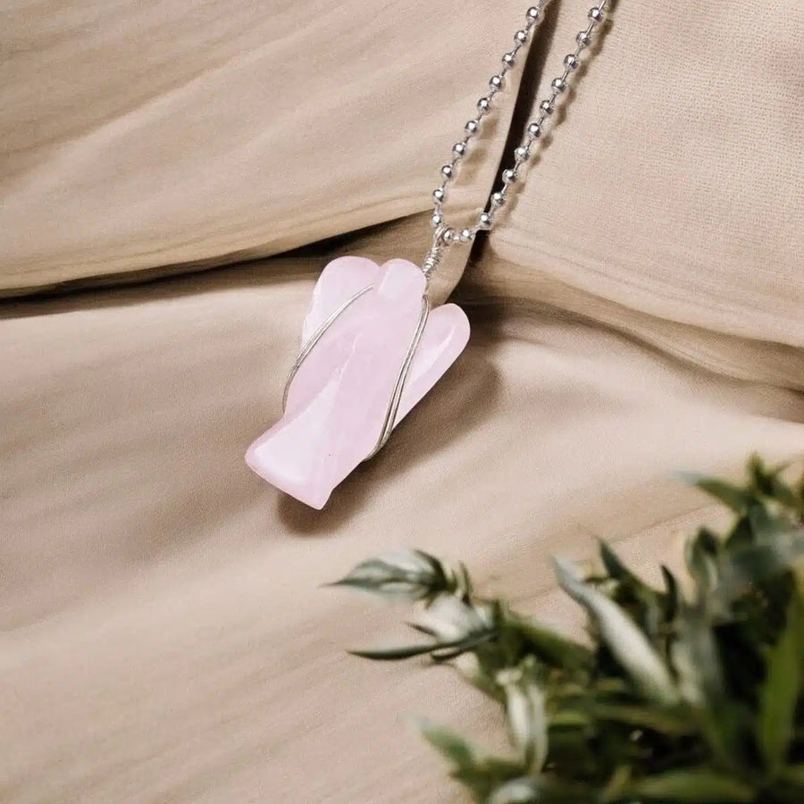 Rose Quartz Wire-Wrapped Angel Pendant
