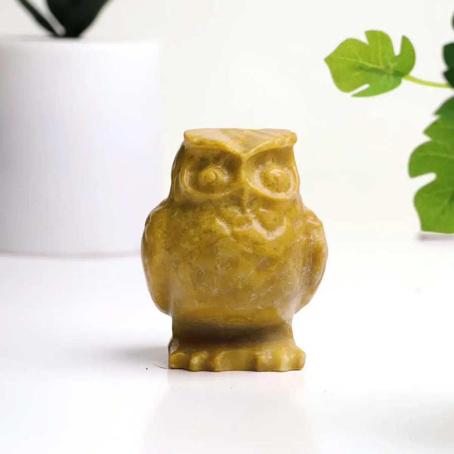 Yellow Jade Carved Owl 3 Inches
