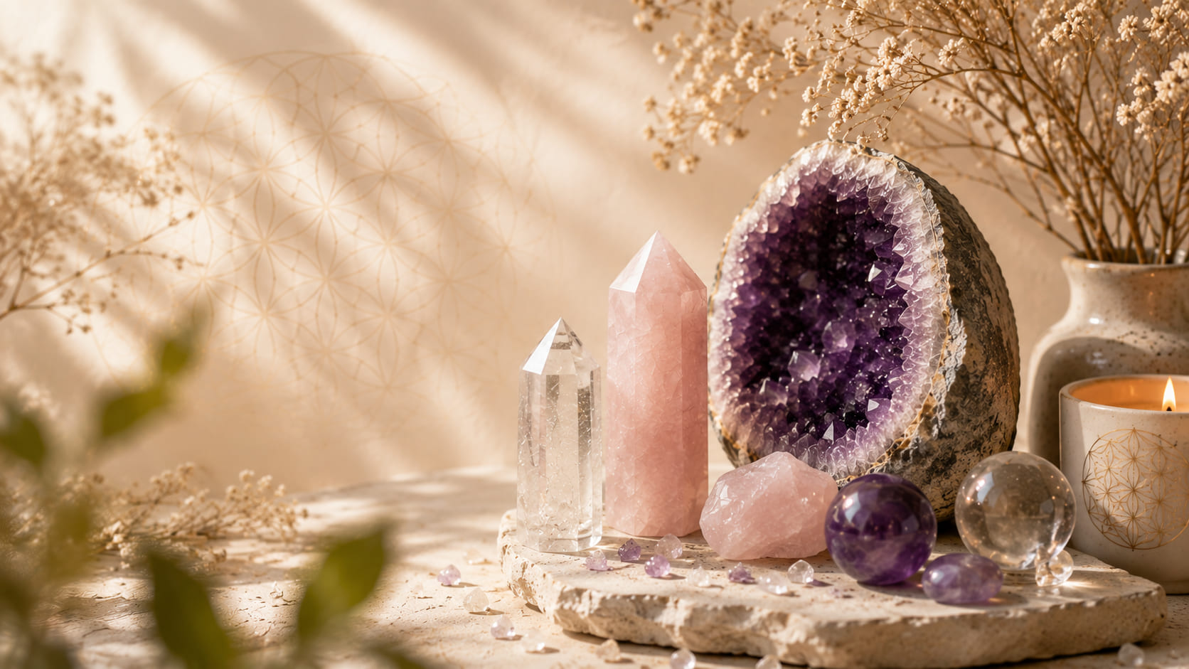 Rose quartz and clear quartz points beside an amethyst geode on a stone plinth